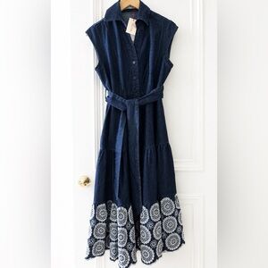 solitaire denim dress SOLITAIRE Denim Tiered Blue Floral Belted Midi Dress Pockets Cap Sleeve Sz  L NWT